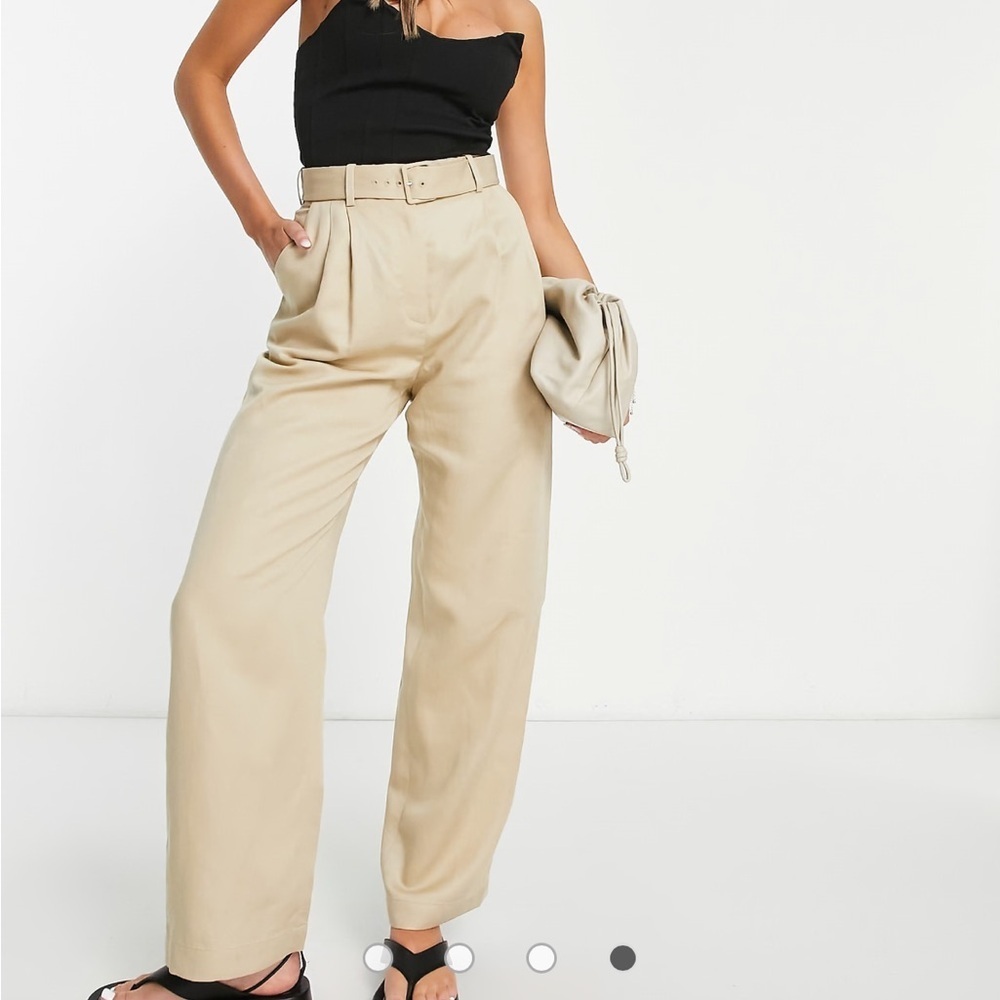 & Other Stories tailored belted straight leg trousers in beige Size 8